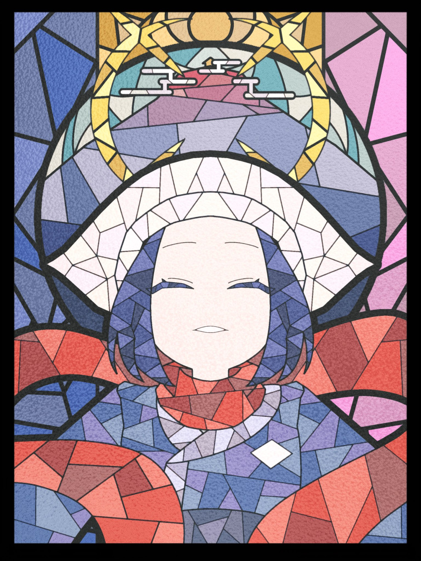 1girl, akari_(pokemon), closed_eyes, eyelashes, floating_scarf, hashtag-only_commentary, headscarf, highres, hiiro99522, jacket, pokemon, pokemon_legends:_arceus, red_scarf, sash, scarf, sidelocks, solo, stained_glass, teeth