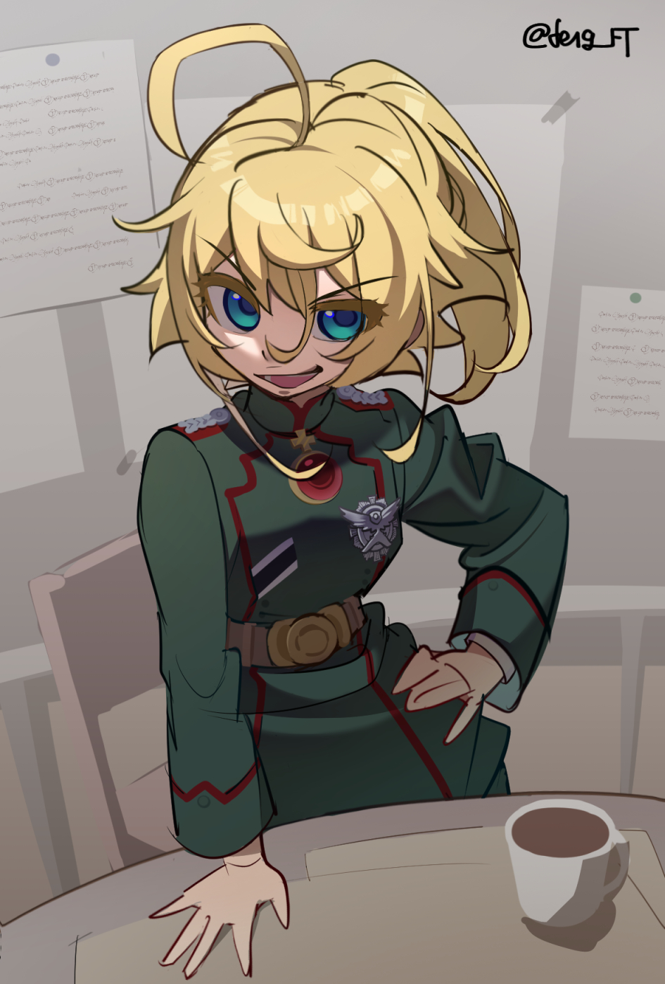 1girl, ahoge, badge, belt, blonde_hair, blue_eyes, brooch, chair, coffee, colored_eyelashes, cup, eyes_visible_through_hair, feng_ft, hand_on_own_hip, hand_on_table, highres, jewelry, looking_at_viewer, military_uniform, mug, open_mouth, ponytail, smile, solo, table, tanya_degurechaff, v-shaped_eyebrows, youjo_senki