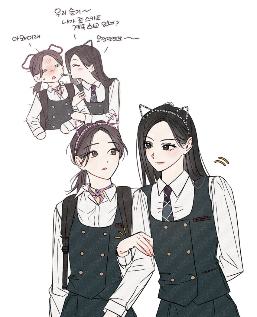 2girls, animal_ear_hairband, animal_ears, bandana, bandana_around_neck, black_eyes, black_hair, brown_eyes