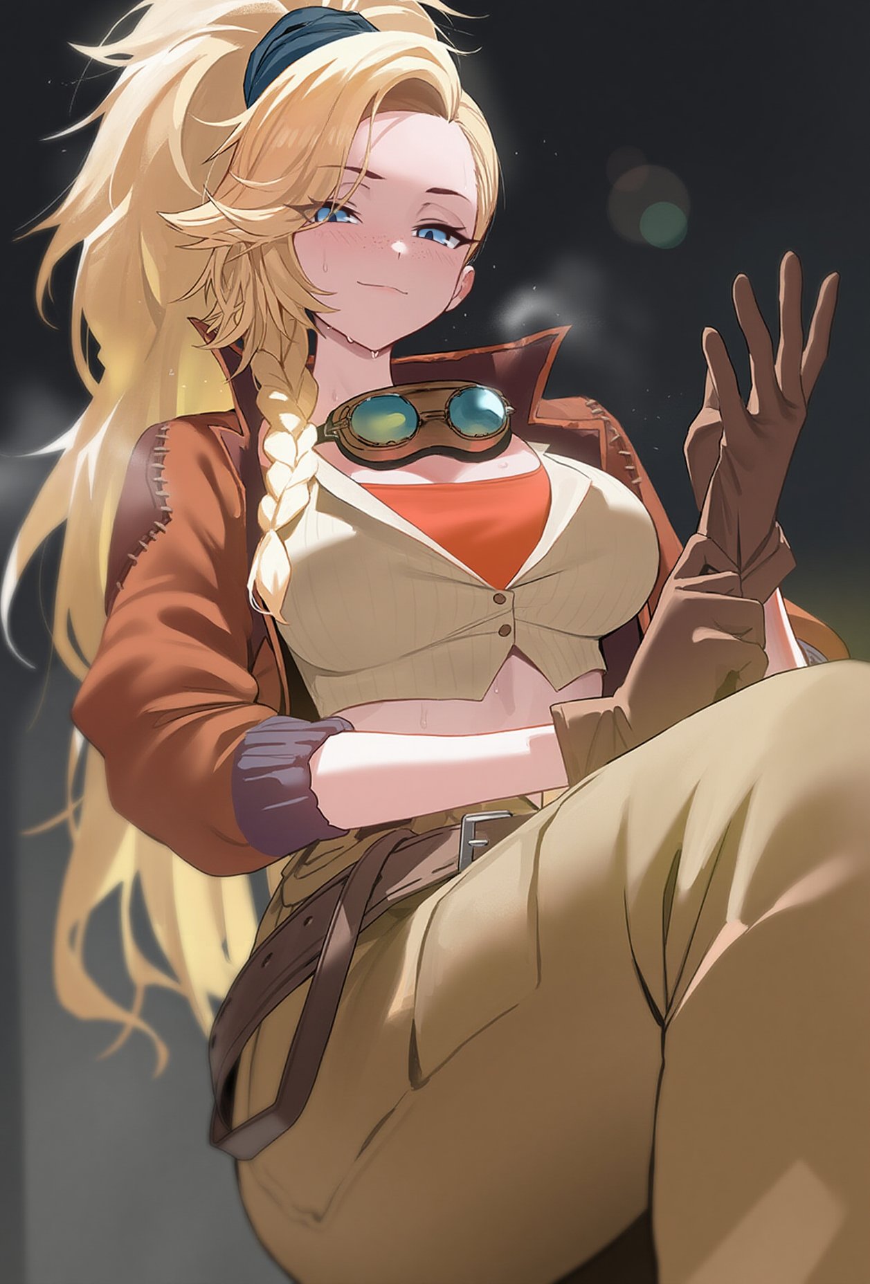 1girl, ai-generated, aiart_fring, asymmetrical_hair, blonde_hair, blue_eyes, braid, breasts