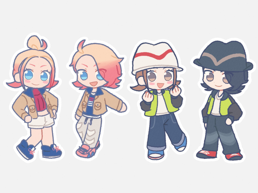 2boys, 2girls, :d, ahoge, black_hat, blonde_hair, blue_eyes, blue_shirt, blush_stickers, brown_eyes, brown_jacket, chibi, commentary_request, female_protagonist_(pokemon_legends:_z-a), green_jacket, grey_pants, hands_up, hat, highres, hiiro99522, jacket, looking_at_viewer, male_protagonist_(pokemon_legends:_z-a), multiple_boys, multiple_girls, open_clothes, open_jacket, open_mouth, pants, pokemon, pokemon_legends:_z-a, red_shirt, ribbed_shirt, shirt, shoes, shorts, smile, standing, taunie_(pokemon), urbain_(pokemon), white_hat, white_shirt, white_shorts