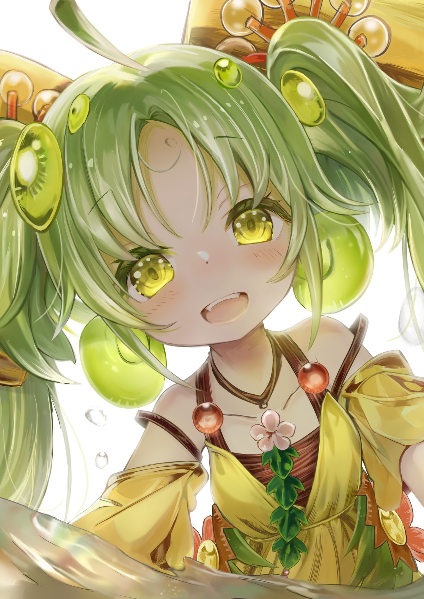 1girl, absurdres, ahoge, blush, breasts, collarbone, dress, duel_monster, flower, forehead, green_eyes, green_hair, hair_ornament, highres, looking_at_viewer, monster_girl, off_shoulder, open_mouth, pink_flower, plant_girl, simple_background, small_breasts, smile, solo, sorozukin, sweater_off_shoulder, teeth, traptrix_sera, twintails, upper_teeth_only, white_background, yellow_dress, yu-gi-oh!