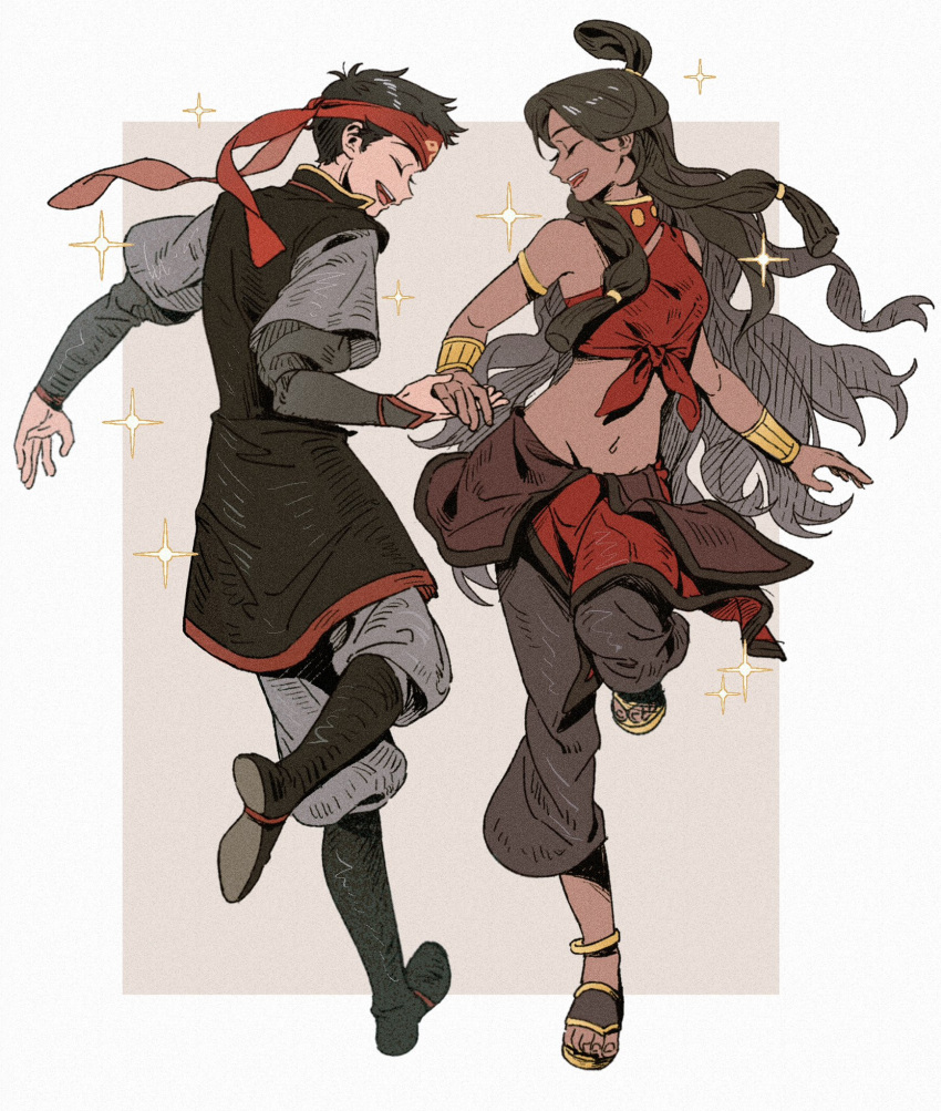 1boy, 1girl, aang, armlet, avatar:_the_last_airbender, avatar_legends, black_hair, black_pants, black_shoes, closed_eyes, commentary, dancing, dark-skinned_female, dark_skin, english_commentary, foot_up, full_body, gymnopedies2, headband, highres, holding_hands, jewelry, katara, long_hair, midriff, open_mouth, pants, red_headband, sandals, shoes, short_hair, very_long_hair, very_short_hair