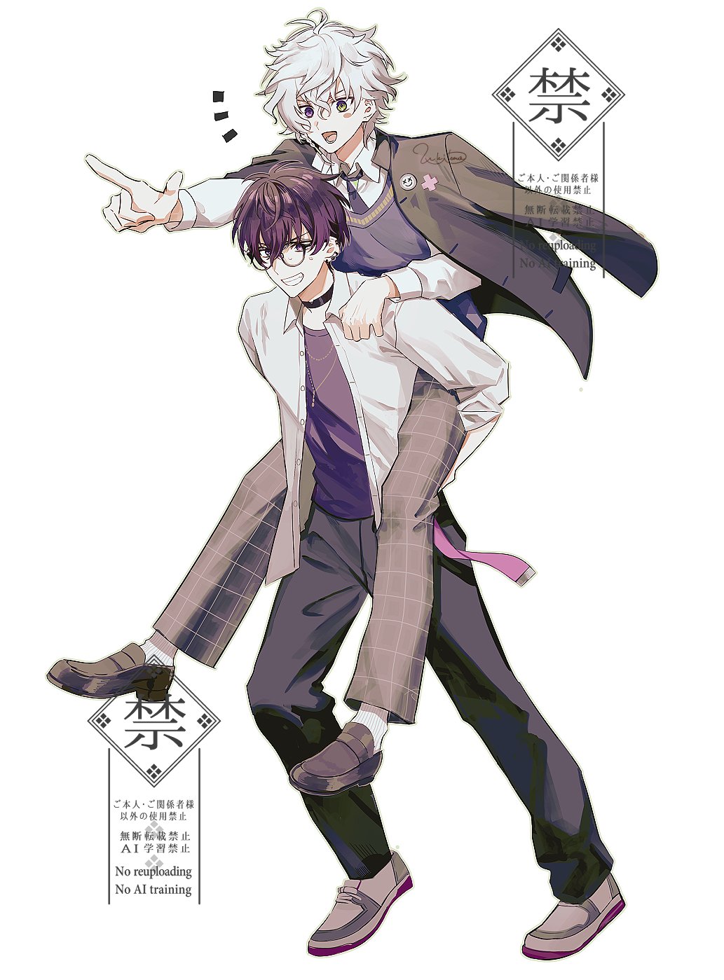 2boys, :d, antenna_hair, black-framed_eyewear, black_choker, black_jacket, black_necktie, black_pants