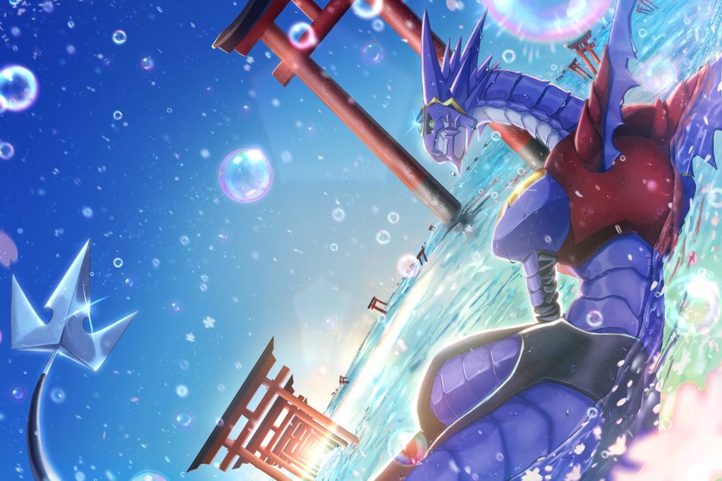 arresterdramon, blue_sky, colored_skin, digimon, digimon_(creature), dragon, from_behind, green_eyes