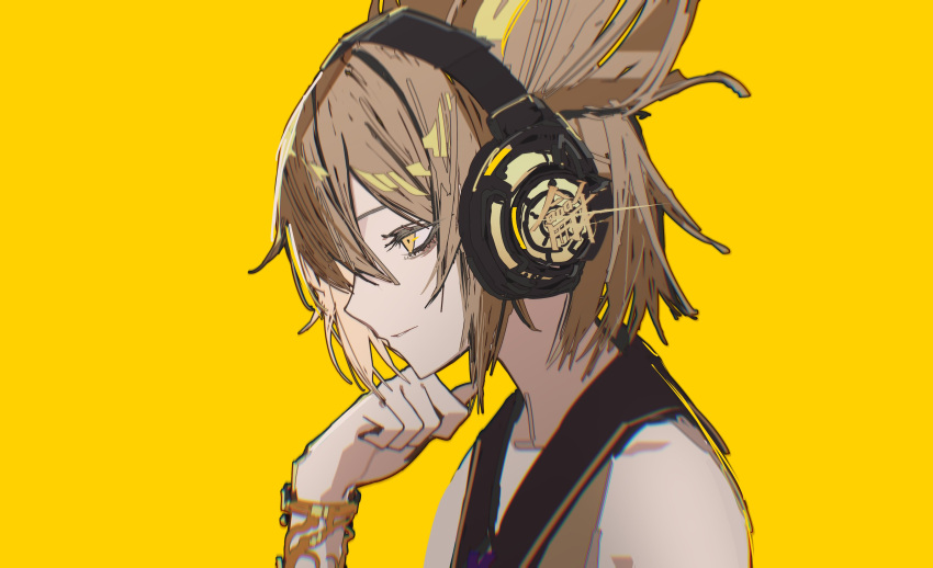 1girl, absurdres, bare_shoulders, bracelet, brown_hair, collarbone, collared_shirt, from_side