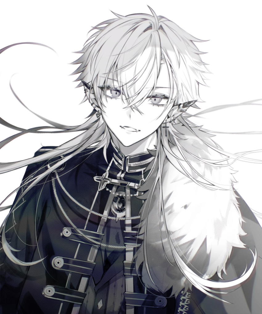 1boy, ahoge, aiguillette, buttons, cape, cross, cross_earrings, ear_piercing