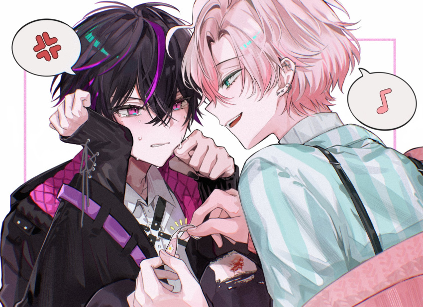 2boys, :d, ahoge, anger_vein, bandaid, barbell_piercing, black_hair, black_jacket