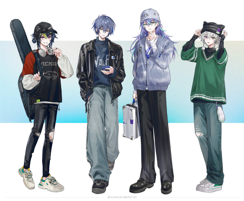 4boys, :d, absurdres, animal_ear_headwear, artist_name, baggy_pants, beanie, black_hair