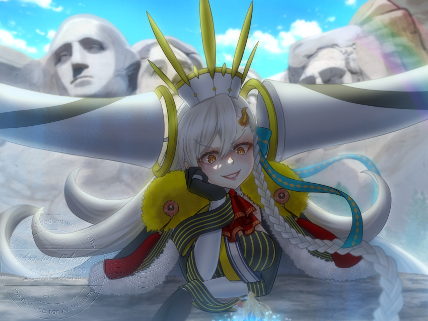 3girls, angie03, arcueid_brunestud, arcueid_brunestud_(mooncancer), ascot, black_bodysuit, black_cape, black_gloves, blonde_hair, blue_ribbon, blue_sky, bodysuit, braid, cape, clouds, commentary, crossed_bangs, day, e-grand_marie, english_commentary, fate/grand_order, fate_(series), fujimaru_ritsuka_(female), fujimaru_ritsuka_(female)_(decisive_battle_chaldea_uniform), fur-trimmed_cape, fur_trim, giant, giantess, gloves, grin, hair_between_eyes, hair_ribbon, hat, head_rest, highres, horns, jacket, jewelry, long_hair, looking_at_another, mount_rushmore, multiple_girls, olga_marie_animusphere, orange_eyes, orange_hair, outdoors, red_ascot, ribbon, ring, short_hair, single_horn, size_difference, sky, smile, symbol-shaped_pupils, u-olga_marie, very_long_hair, white_hair, white_hat, white_jacket, yellow_horns