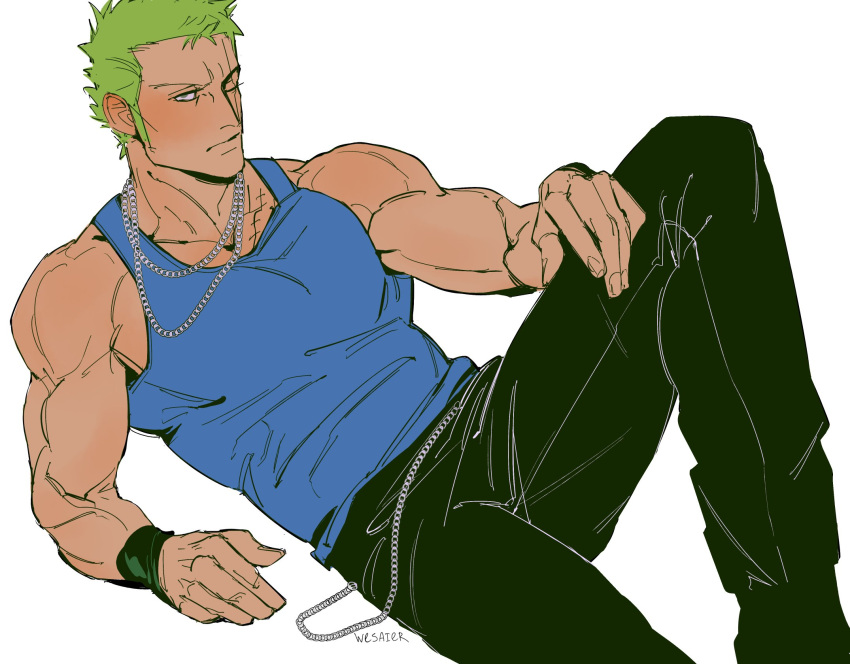 1boy, artist_name, black_pants, blue_tank_top, chain, closed_mouth, green_hair, hashtag-only_commentary