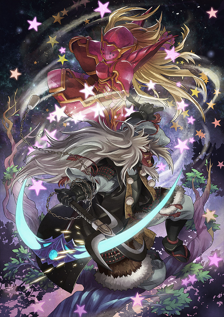battle, blonde_hair, chain, chains, gargadia_empire, kusarigama, long_hair, mask, nyoro_ri, oni_mask, pixiv_fantasia, pixiv_fantasia_5, scarlett_(pixiv_fantasia_5), scythe, sickle, silver_hair, star, tree, very_long_hair, weapon, zylance_empire