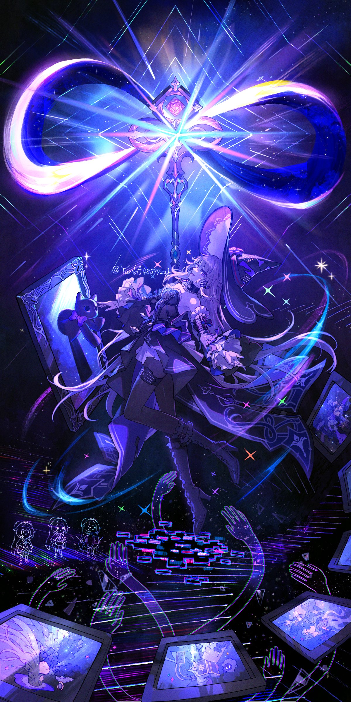 1girl, absurdres, boots, cat, chromatic_aberration, detached_collar, detached_sleeves, dress