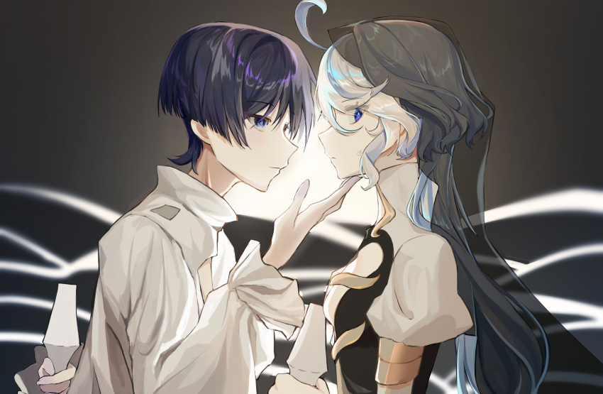 1boy, 1girl, ahoge, arm_behind_back, averting_eyes, black_hair, blue_eyes, blue_hair, blunt_ends, brown_background, closed_mouth, collared_shirt, cosplay, cowlick, curly_ends, dress, eyelash_ornament, eyeliner, eyeshadow, face-to-face, fingernails, focalors_(genshin_impact), focalors_(genshin_impact)_(cosplay), frilled_sleeves, frills, furina_(genshin_impact), genshin_impact, grey_veil, hand_on_another's_chin, highres, holding, juliet_sleeves, light_smile, long_hair, long_sleeves, looking_at_another, looking_at_viewer, makeup, multicolored_hair, open_hand, puffy_sleeves, red_eyeliner, red_eyeshadow, scaramouche_(genshin_impact), see-through_clothes, see-through_veil, shirt, sidelocks, sideways_mouth, simple_background, streaked_hair, sweatdrop, upper_body, veil, violet_eyes, white_hair, white_shirt, white_sleeves, xaiadestar