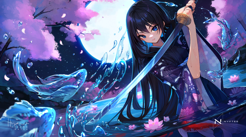 1girl, artist_name, black_hair, blue_eyes, cherry_blossoms, clip_studio_paint_(medium), closed_mouth, commentary, copyright_logo, english_commentary, facing_viewer, falling_petals, floral_print, flower, foliage, full_moon, guest_art, hair_between_eyes, holding, holding_sword, holding_weapon, hyanna-natsu, japanese_clothes, katana, kimono, koi, lake, lily_pad, long_hair, looking_at_viewer, moon, moon_behind_head, moonlight, night, night_sky, nyfter, original, petals, photoshop_(medium), purple_kimono, signature, sky, solo, star_(sky), starry_sky, sword, tree, two-handed, upper_body, very_long_hair, wading, water_drop, water_elemental, water_lily_flower, weapon