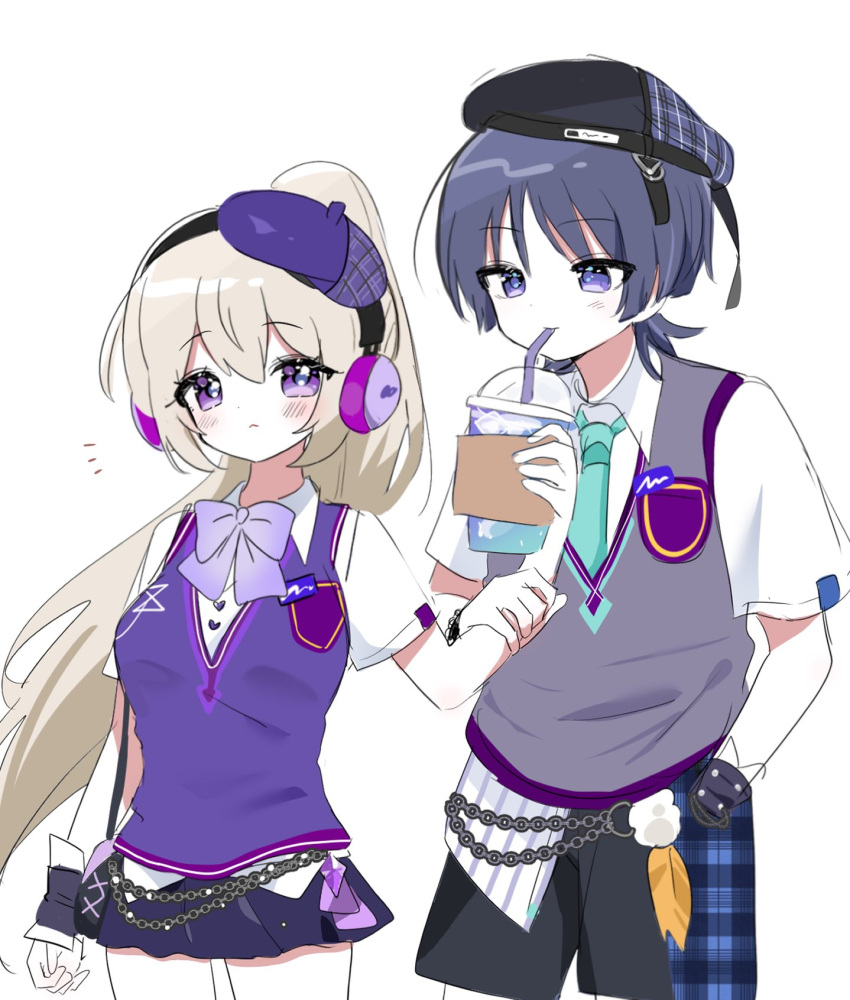 1boy, 1girl, 52601i, alternate_costume, aqua_necktie, arm_at_side, bag, beret