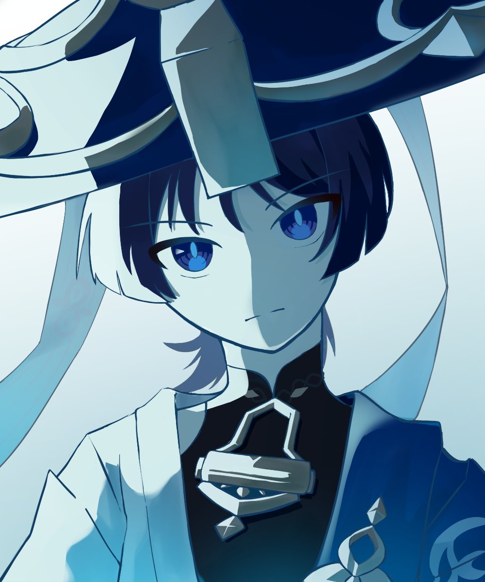 1boy, black_bodysuit, blue_cape, blue_hat, blue_pupils, bodysuit, cape, closed_mouth
