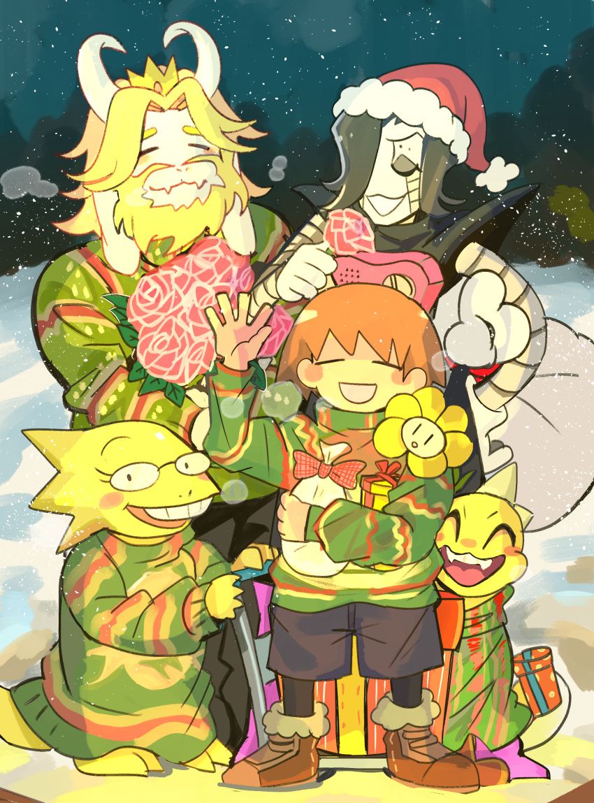 1girl, 1other, 4boys, absurdres, alphys, alternate_costume, androgynous, asgore_dreemurr