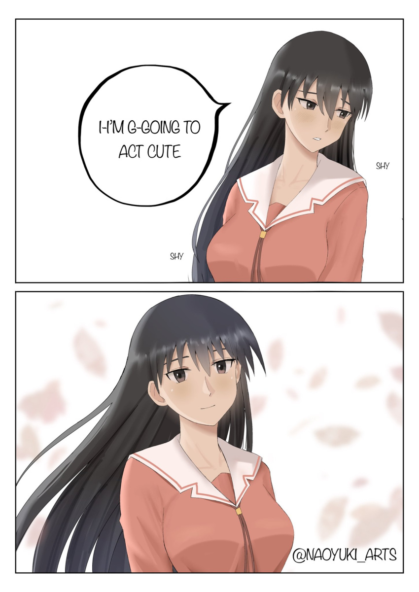 1girl, 2koma, azumanga_daioh, azumanga_daioh's_school_uniform, black_hair, english_text, highres, i'm_gonna_act_super_cute_(meme)