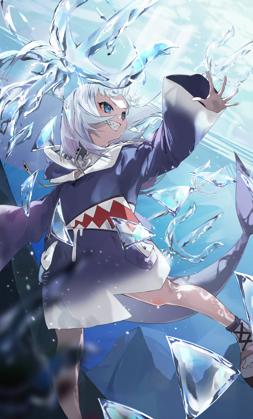 1girl, absurdres, animal_hood, blue_eyes, blue_hair, blue_hoodie, daichi, fins