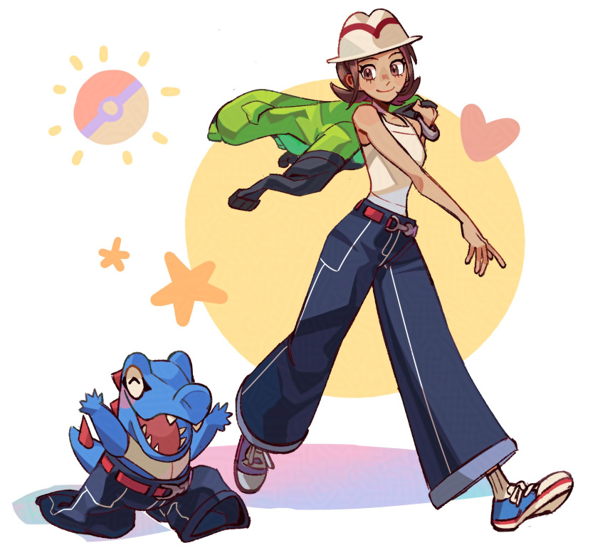 1girl, belt, breasts, brown_eyes, brown_hair, denim, female_protagonist_(pokemon_legends:_z-a), green_jacket