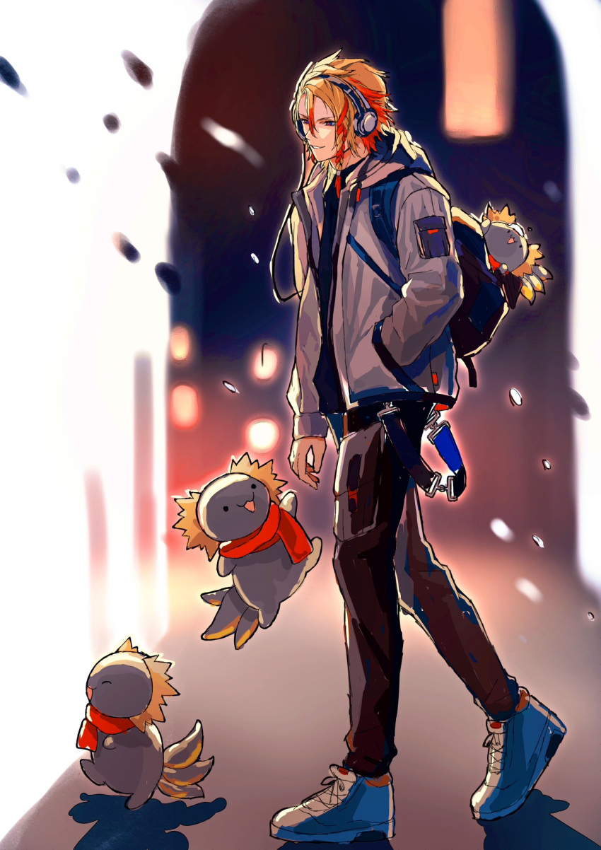 1boy, alternate_costume, axel_syrios, axelotl_(axel_syrios), axolotl, backpack, bag, blonde_hair