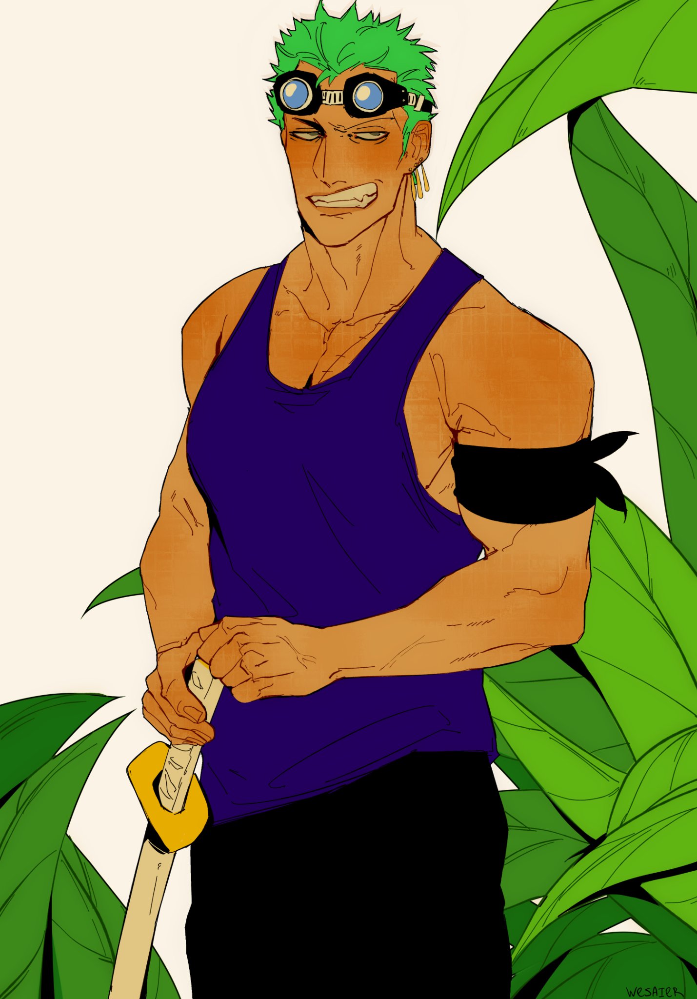 1boy, artist_name, bandana_around_arm, black_pants, blue_tank_top, commentary, cowboy_shot, earrings