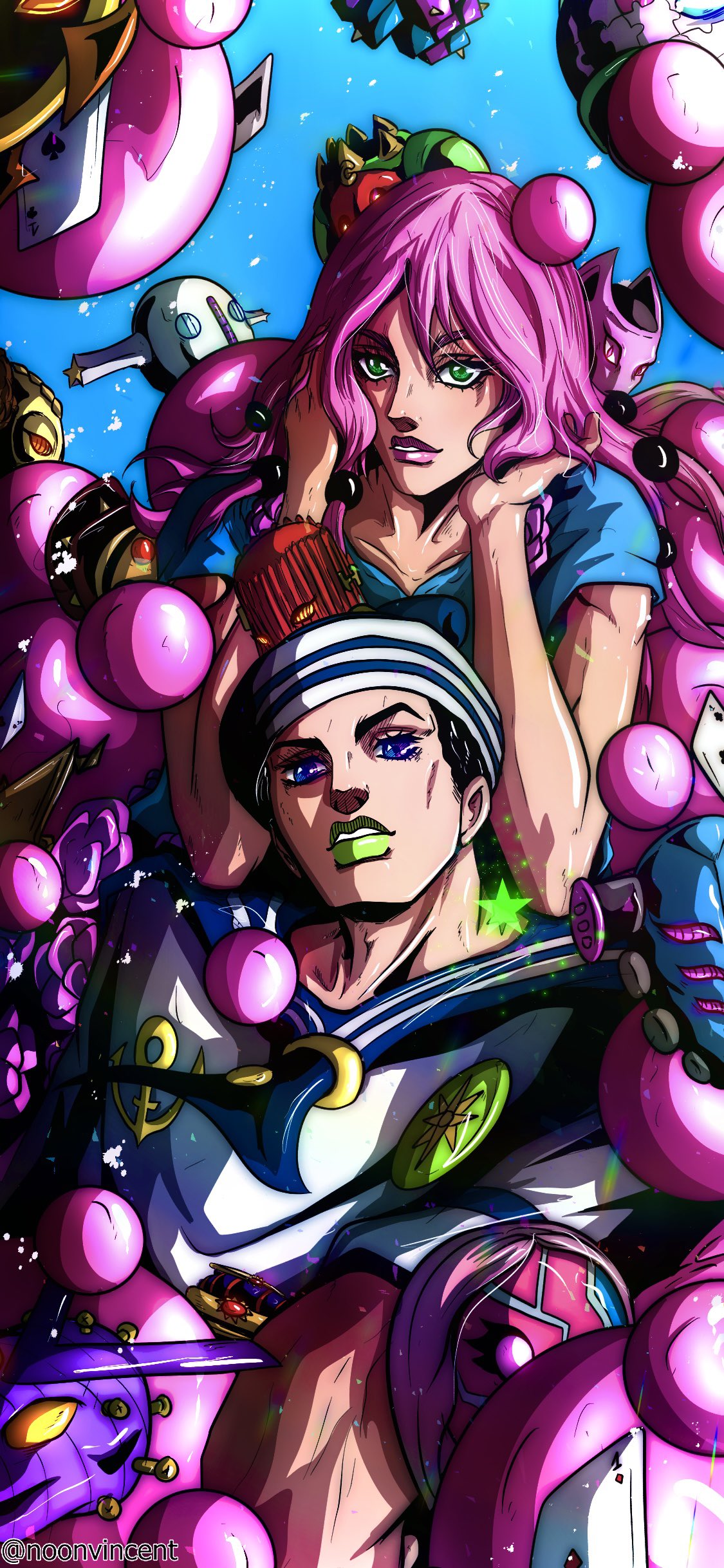 1boy, 1girl, 6+others, absurdres, anchor_symbol, awaking_iii_leaves, birthmark, black_hair, blue_eyes, blue_sailor_collar, blue_shirt, brain_storm, bubble, dixie_cup_hat, doggy_style_(stand), green_eyes, green_lips, hat, higashikata_josuke_(jojolion), highres, hirose_yasuho, joestar_birthmark, jojo_no_kimyou_na_bouken, jojolion, killer_queen, king_nothing, long_hair, long_sleeves, love_love_deluxe_(stand), military_hat, multicolored_eyes, multiple_others, noonvincent, nut_king_call, paisley_park_(stand), paper_moon_king, pink_hair, pink_lips, sailor_collar, sailor_hat, shirt, short_hair, short_sleeves, soft_&amp;_wet, space_trucking_(stand), speed_king, stand_(jojo), star_(symbol), violet_eyes, vitamin_c_(stand), white_shirt, wonder_of_u