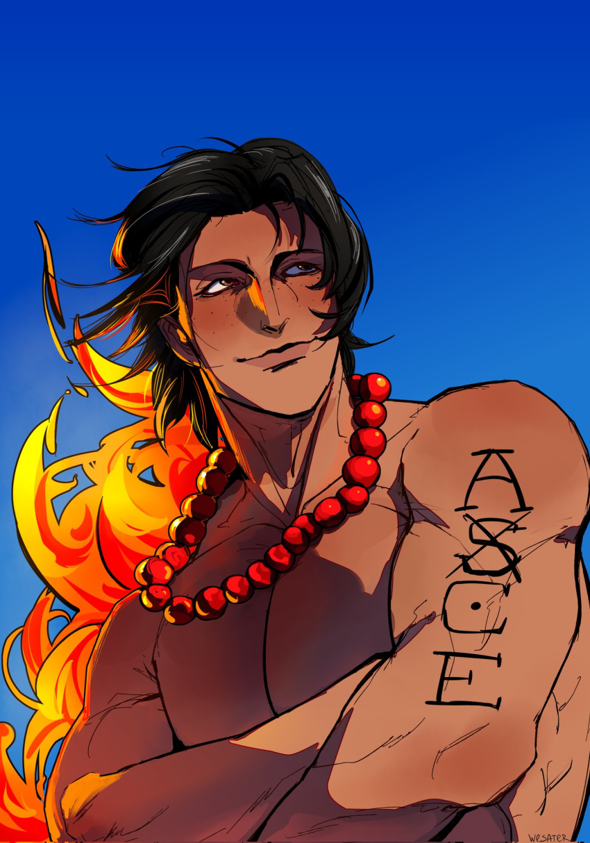 1boy, arm_tattoo, artist_name, black_hair, blue_sky, closed_mouth, commentary, crossed_arms