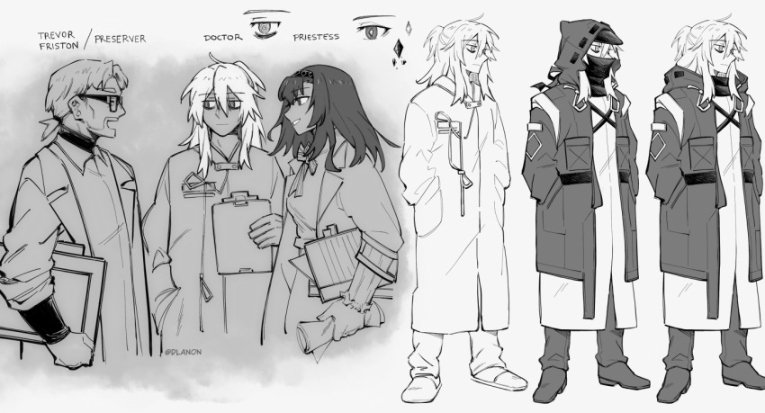 1boy, 1girl, 1other, @_@, arknights, beard, coat, dlanon, doctor_(arknights), facial_hair, friston_(arknights), glasses, hairband, holding, holding_notepad, holding_paper, hood, hood_down, lab_coat, light_smile, long_hair, long_sleeves, looking_to_the_side, notepad, open_mouth, originium_(arknights), paper, priestess_(arknights), reference_sheet, standing