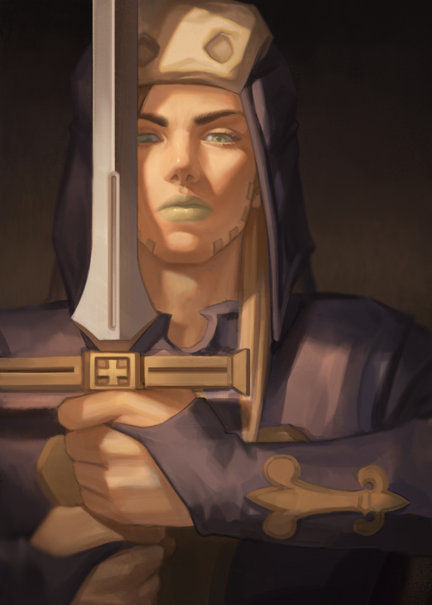 1boy, beard, blonde_hair, bridal_gauntlets, executioner, executioner's_sword, executioner_hood, facial_hair
