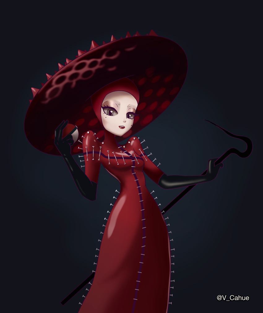 1girl, abracadabra_(lady_gaga), absurdres, artist_name, black_gloves, elbow_gloves, gloves, grey_background, grey_eyes, hat, highres, holding, holding_poke_ball, lady_gaga, lady_gaga_(copyright), large_hat, long_sleeves, nail_(hardware), open_mouth, poke_ball, pokemon, red_hat, red_suit, solo, spiked_hat, stick, suit, teeth, twitter_username, v_cahue, variant_set