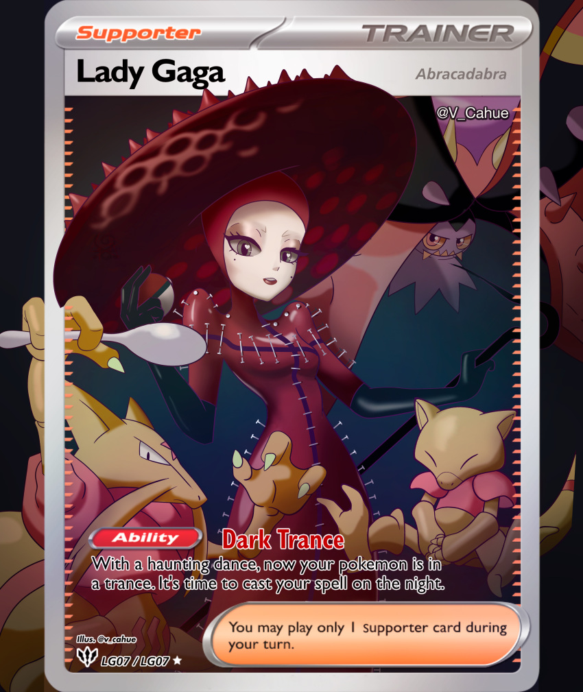 1girl, abra, abracadabra_(lady_gaga), absurdres, black_gloves, character_request, claws, elbow_gloves, english_text, gloves, grey_eyes, hat, highres, holding, holding_spoon, kadabra, lady_gaga, lady_gaga_(copyright), large_hat, long_sleeves, mole, mole_under_eye, nail_(hardware), open_mouth, pokemon, pokemon_(creature), pokemon_tcg, pokemon_trading_card_game, red_hat, red_suit, solo, spiked_hat, spoon, suit, text, toxapex, v_cahue