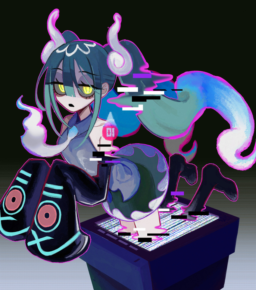 1girl, absurdres, bare_shoulders, black_sleeves, detached_sleeves, ghost_miku_(project_voltage), glitch, hair_between_eyes