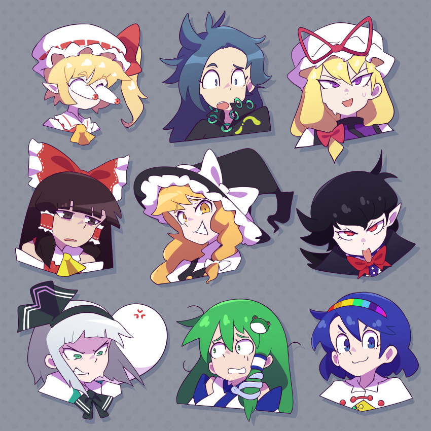6+girls, :3, absurdres, anger_vein, angry, ascot, black_hair, black_hairband, blonde_hair, blue_eyes, blue_hair, booba_(meme), bow, braid, brown_eyes, brown_hair, bulging_eyes, commentary, confused, constricted_pupils, english_commentary, flandre_scarlet, frog_hair_ornament, ghost, green_hair, grey_background, grey_eyes, grey_hair, hair_bow, hair_ornament, hair_tubes, hairband, hakurei_reimu, happy, hat, highres, himemushi_momoyo, houjuu_nue, kirisame_marisa, kochiya_sanae, konpaku_youmu, konpaku_youmu_(ghost), long_hair, maletoh, meme, messy_hair, mob_cap, multicolored_hairband, multiple_expressions, multiple_girls, pointy_ears, polka_dot, polka_dot_background, ponytail, portrait, red_bow, red_eyes, sad, scared, side_braid, side_ponytail, smug, snake_hair_ornament, tenkyuu_chimata, tongue, tongue_out, touhou, violet_eyes, white_hat, yakumo_yukari, yellow_ascot, yellow_eyes