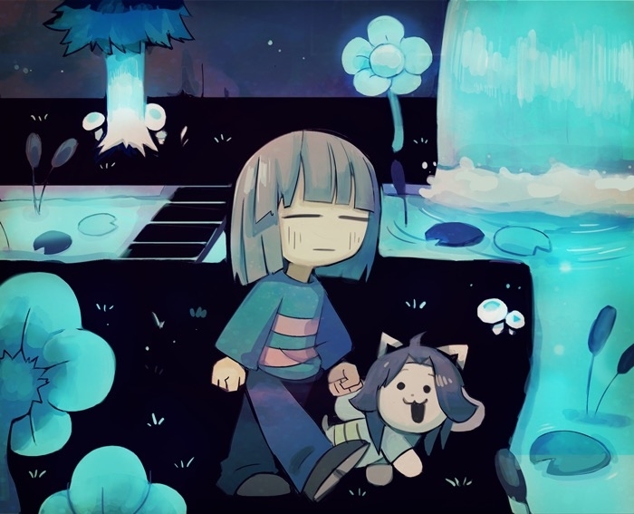 1other, blue_pants, blue_sweater, brown_hair, closed_eyes, closed_mouth, creature, flower