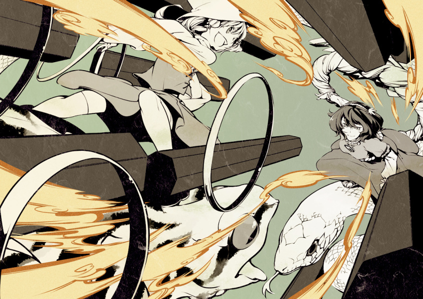battle, chakram, frog, hoop, monochrome, moriya's_iron_rings, moriya's_iron_rings, moriya_suwako, multiple_girls, nakatani, onbashira, shimenawa, snake, touhou, yasaka_kanako