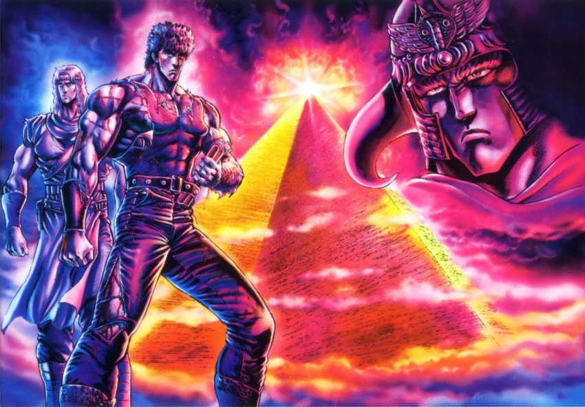 3boys, bare_shoulders, belt, denim, fake_horns, hara_tetsuo, headband, helmet