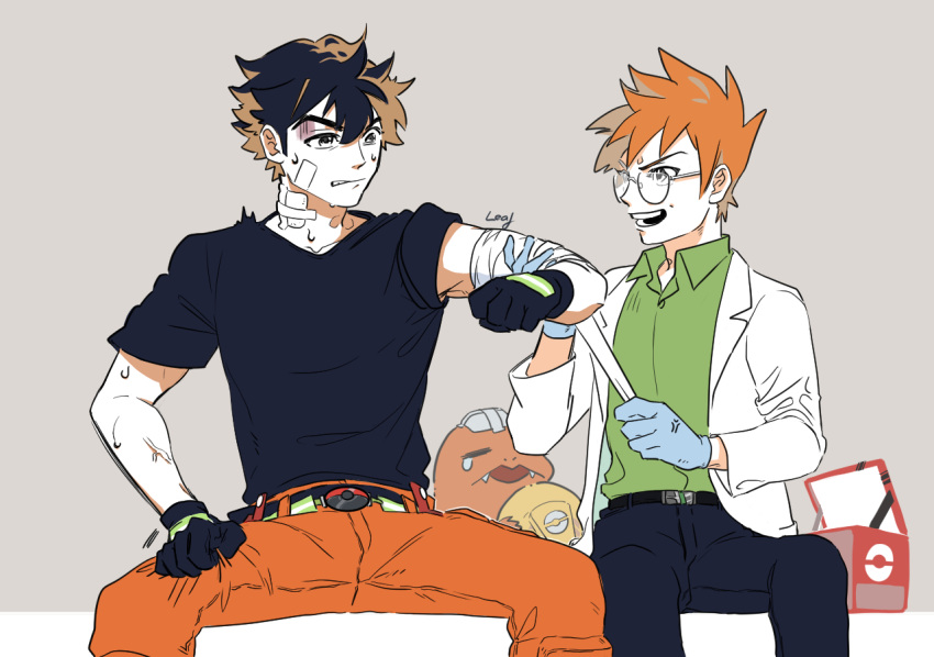 2boys, ^^^, alternate_universe, anger_vein, angry, arm_up, bandaged_arm, bandages