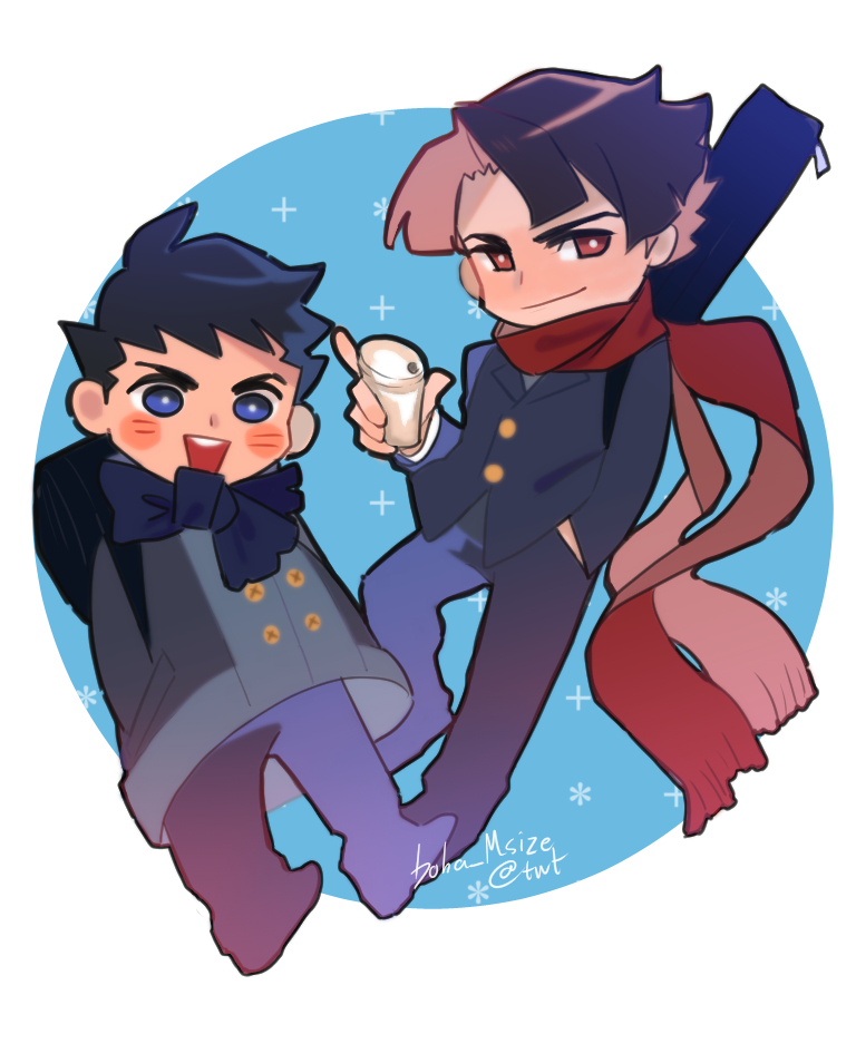 2boys, ace_attorney, arm_up, black_coat, black_hair, black_jacket, blue_circle, blue_eyes