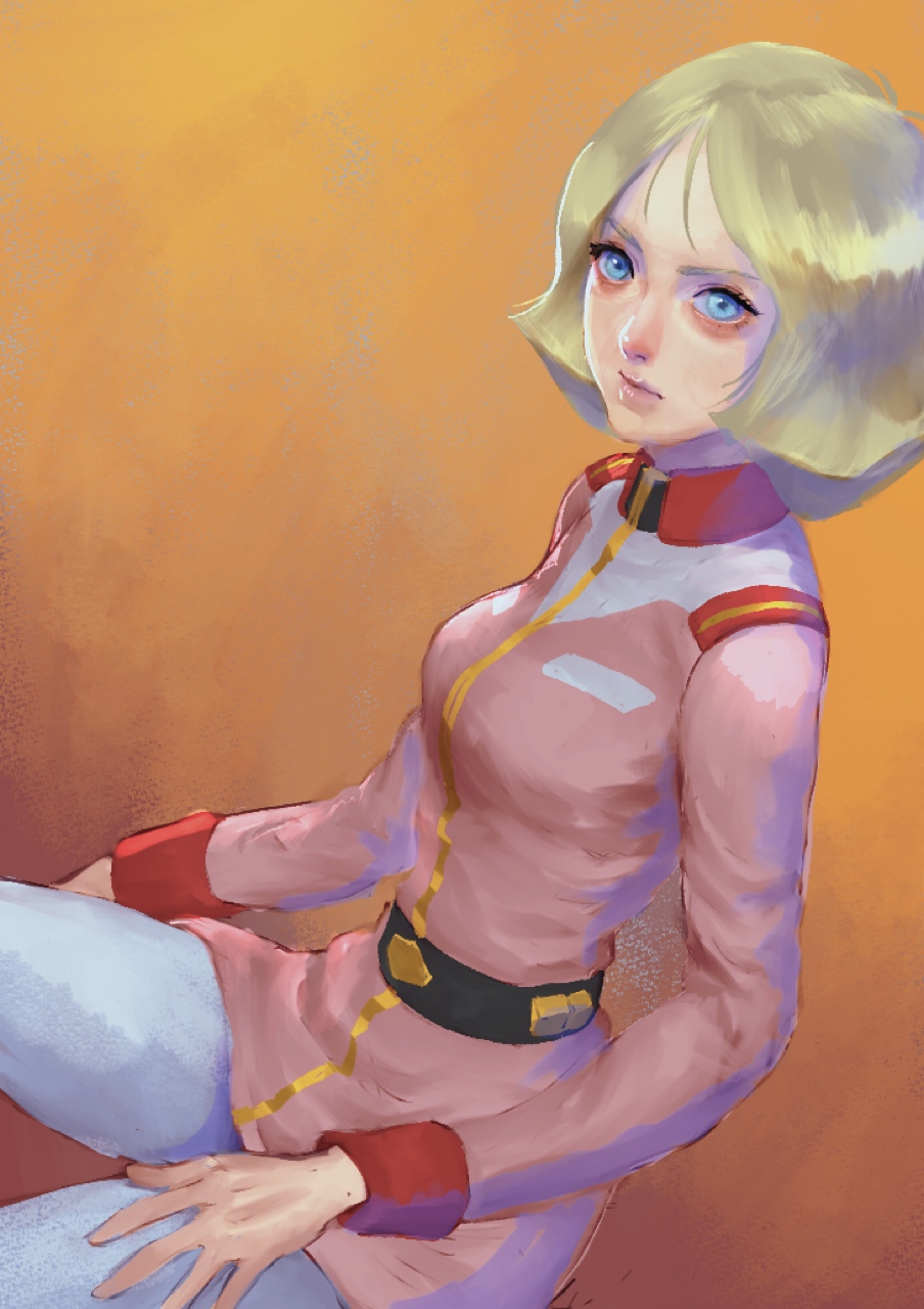 1girl, blonde_hair, blue_eyes, expressionless, gundam, highres, jacket, looking_at_viewer