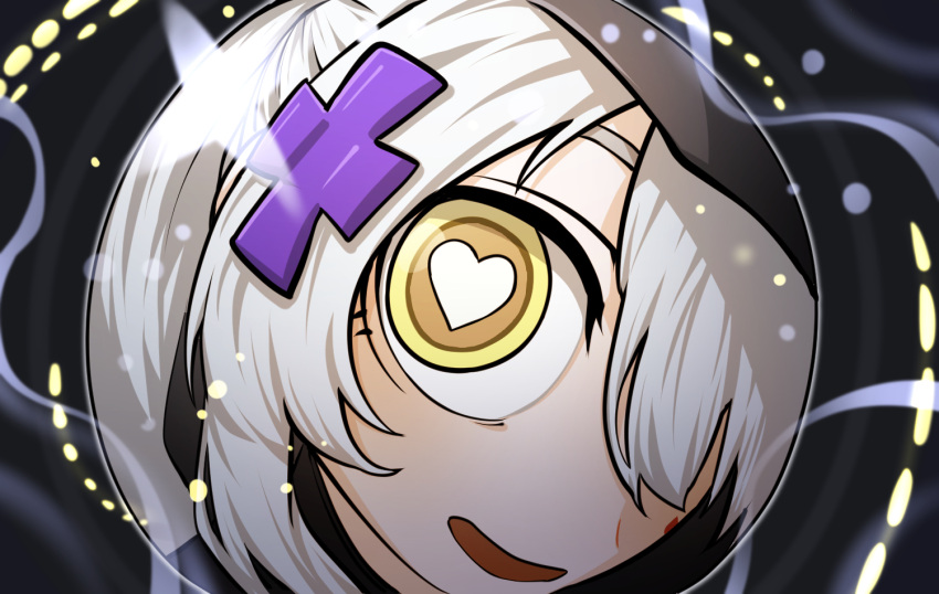 1girl, commentary_request, cross_hair_ornament, doya_(qkrdbseh1205), fisheye, girls'_frontline_2:_exilium, girls_frontline, hair_ornament, heart, heart-shaped_pupils, hk416_(girls'_frontline), klukai_(girls'_frontline_2), korean_commentary, long_hair, looking_at_viewer, monitoring_(vocaloid), open_mouth, parody, pov_peephole, smile, solo, symbol-shaped_pupils, white_hair, yellow_eyes