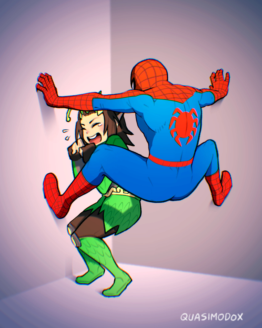 1boy, 1girl, alien, animal_print, antennae, ass, black_hair, bodysuit, cicada_block_(meme), guardians_of_the_galaxy, highres, mantis_(marvel), marvel, marvel_rivals, mask, meme, open_mouth, quasimodox, red_bodysuit, short_hair, spider-man, spider-man_(series), spider_print, spider_web_print, superhero_costume, two-tone_bodysuit