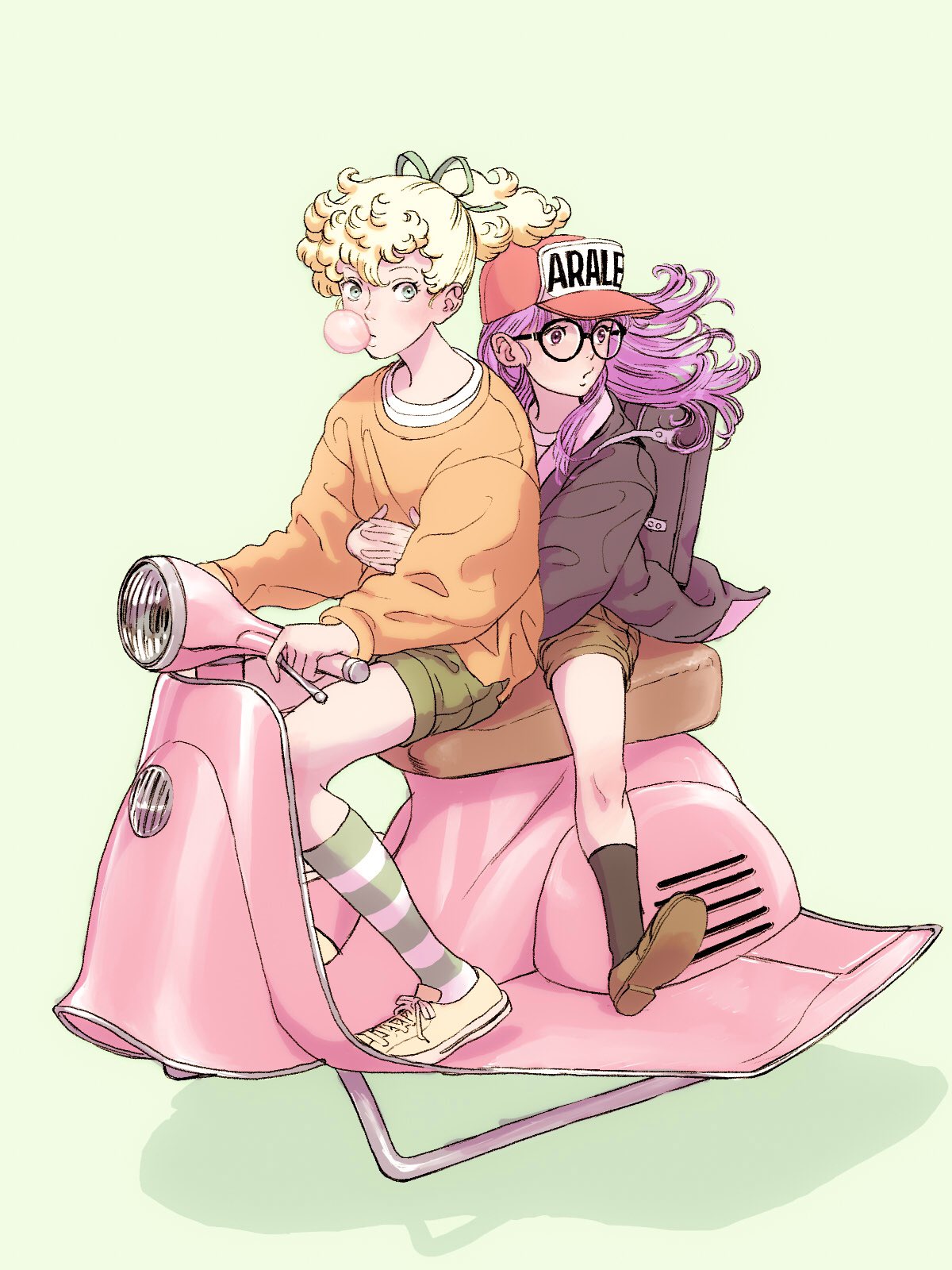 2girls, baseball_cap, blonde_hair, blowing_bubbles, chewing_gum, commentary_request, dr._slump, full_body
