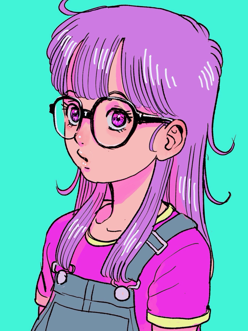 1girl, aqua_background, commentary_request, dr._slump, glasses, highres, long_hair, norimaki_arale, nucca_dzuke, overalls, parted_lips, purple_hair, shirt, simple_background, solo, t-shirt, upper_body, violet_eyes