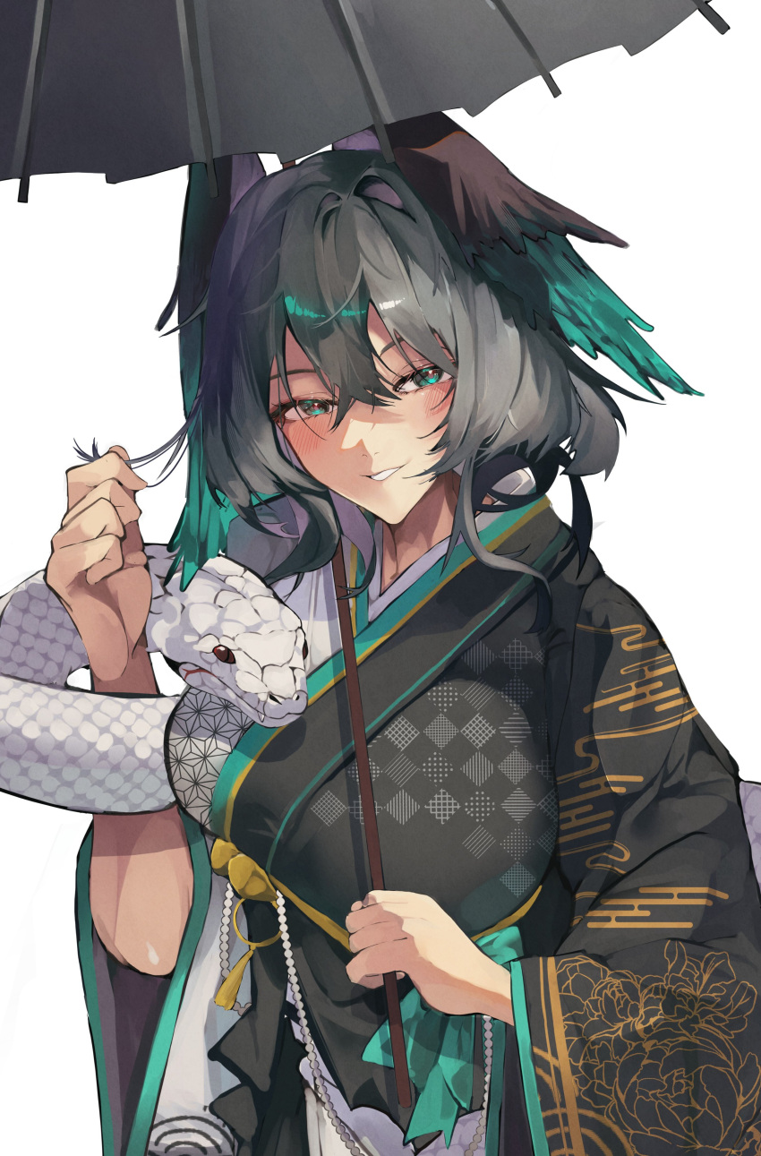 1girl, 80illu, absurdres, alternate_costume, animal, arknights, black_kimono, blush