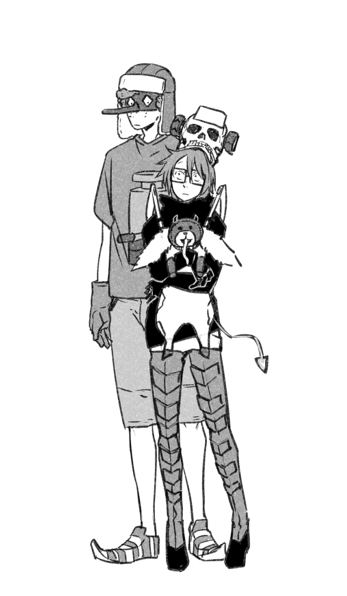 2boys, commentary_request, copyright_request, cosplay, creature, dorohedoro, ebisu_(dorohedoro), ebisu_(dorohedoro)_(cosplay), fujita_(dorohedoro), fujita_(dorohedoro)_(cosplay), full_body, glasses, gloves, greyscale, holding, holding_creature, male_focus, mask, monochrome, multiple_boys, randal's_friends, randal_ivory, sebastian_de_tomato_smith_chicken_legs, shirt, short_hair, shorts, simple_background, skull_on_head, standing, tsukasa_(tsukasa_mimizuku), white_background