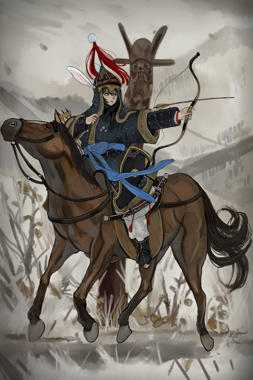 1girl, absurdres, black_hair, blue_sash, bow_(weapon), brigandine_(armor), combat_helmet, hair_between_eyes, helmet, highres, holding, holding_bow_(weapon), holding_weapon, horseback_archery, kkghost_tv, korean_armor, looking_to_the_side, open_mouth, original, pants, red_plume, sash, second-party_source, sidelocks, sword, weapon, white_pants
