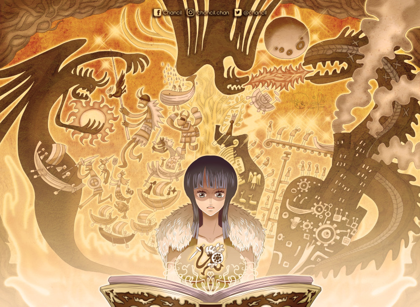 1girl, absurdres, black_hair, blunt_bangs, boat, book, capelet, chancil