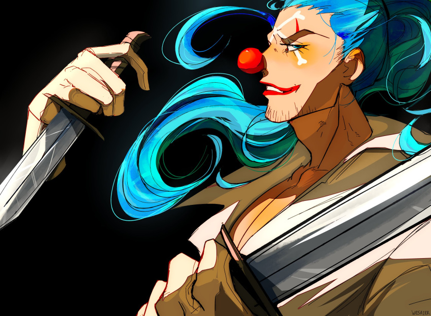 1boy, beard_stubble, black_background, blue_eyes, blue_hair, buggy_the_clown, commentary, english_commentary